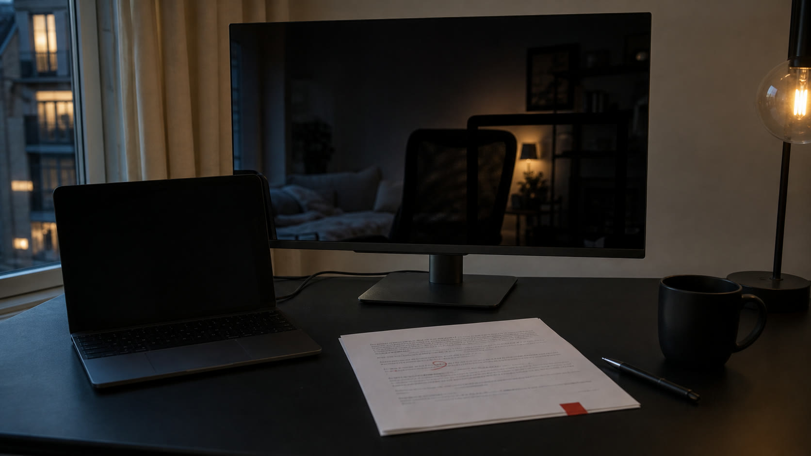 Dark workstation monitor reflecting an empty chair, with correction papers on the desk