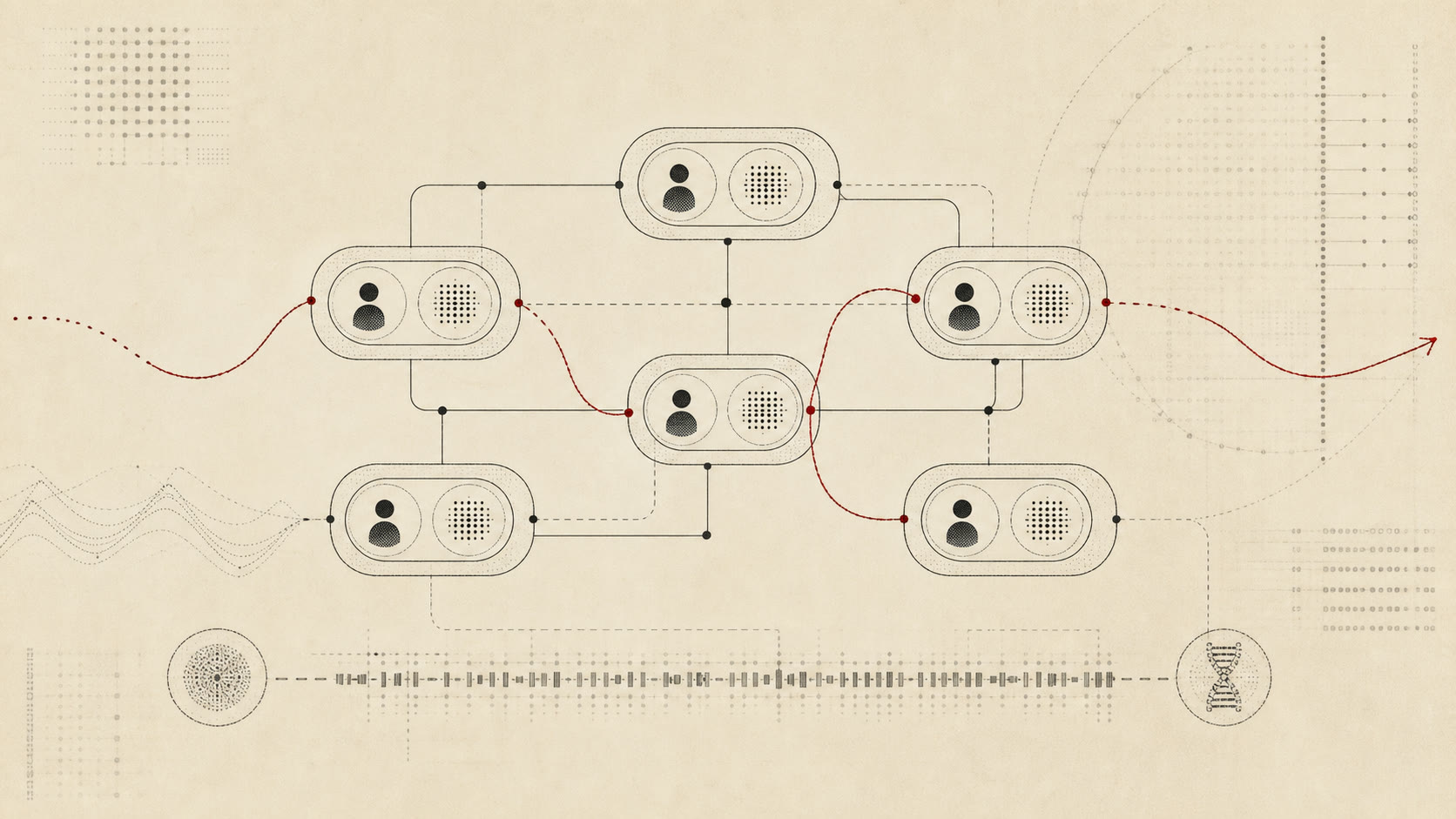 Technical diagram of human and AI cells connected by a red memory thread and shared genome