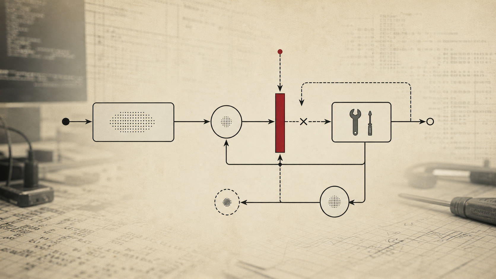 Technical diagram of a red execution gate blocking vector paths and creating a feedback loop