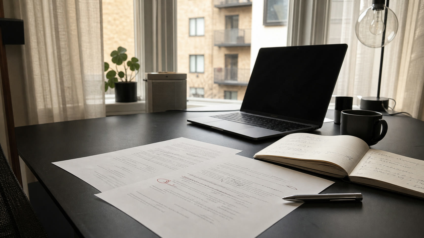 Clean editorial desk with a laptop, notebook, and marked papers suggesting careful memory work