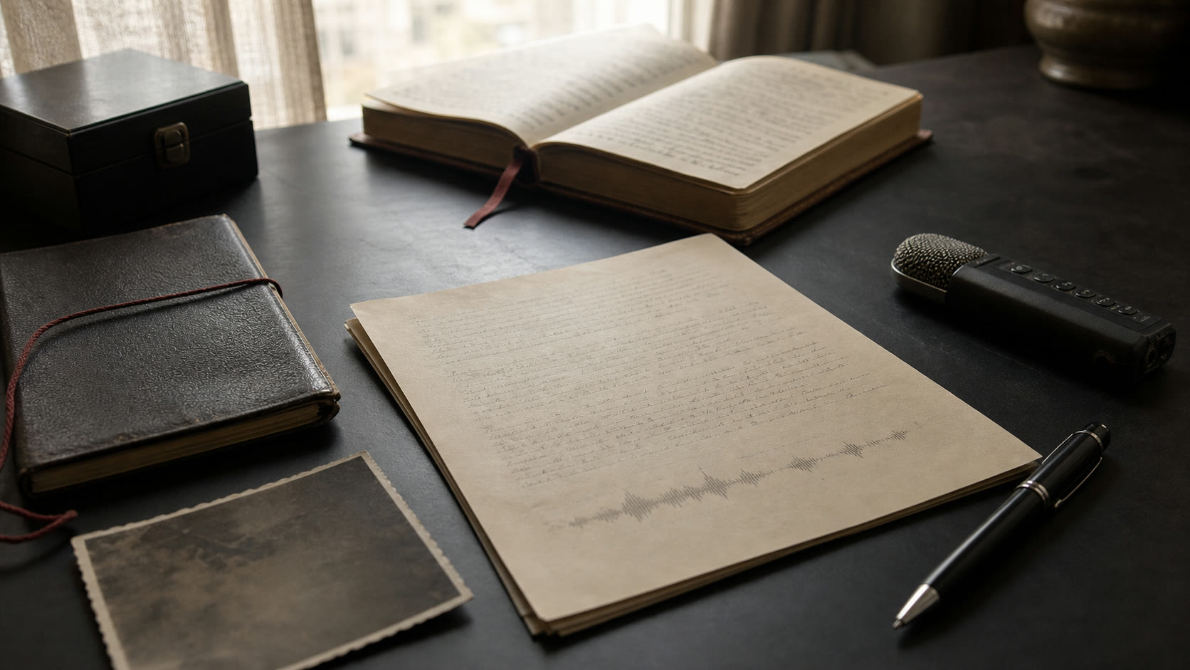 Archive desk with a story page, notebook, photograph, and audio recorder